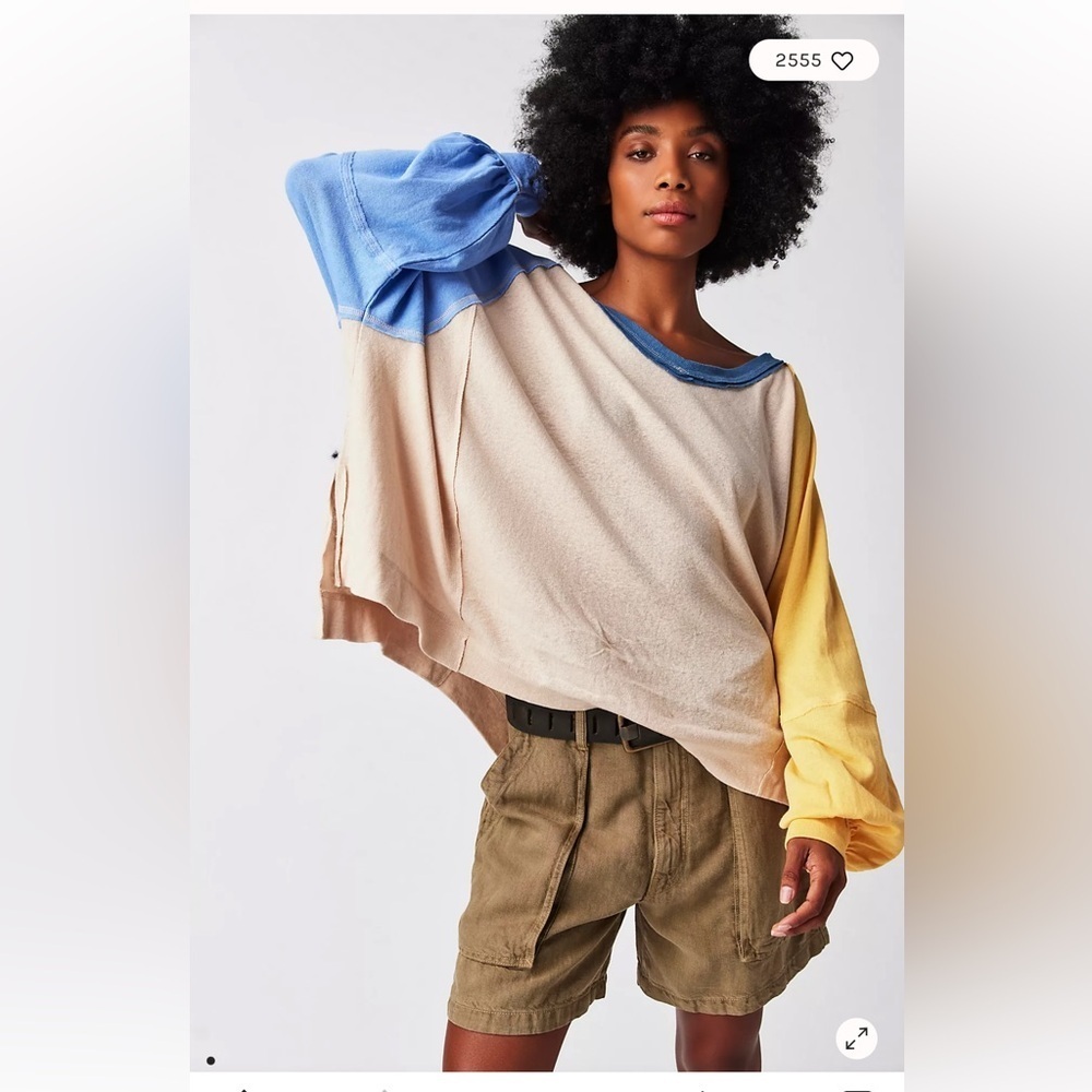 We‎ The Free Care Tri Color Tee VNeck Oversized Blue Yellow Linen Cotton Soft Sm